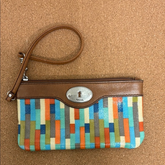 Fossil Key-Per Wristlet Wallet Purse Leather Trim Coated Canvas Multicolor 7"x4" - Picture 1 of 9